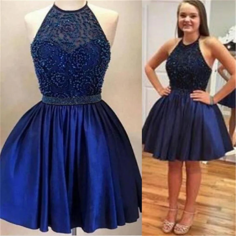 Halter backless Royal Blue Beaded homecoming prom dresses, CM0026