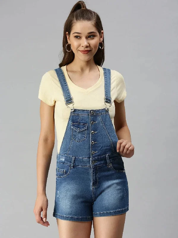 Women's Blue Solid Dungarees-SD-17777-Blue