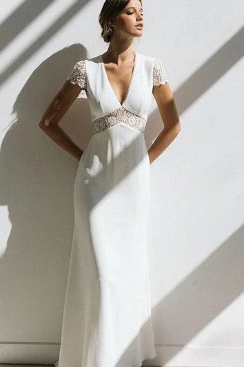 Casual V-neck Sheath Empire Short Sleeve Backless Lace &Chiffon Wedding Dress With Sweep Train