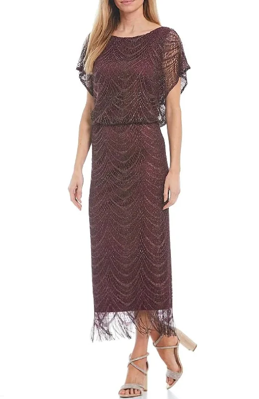 Fringe Hem Crochet Blouson Long Dress In Fig