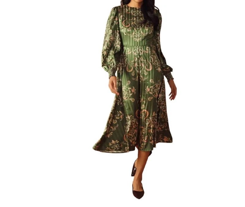 Printed Woven Midi Dress In Green