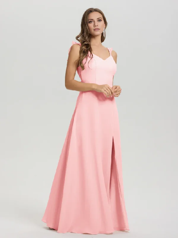 V-neck harness tie and chiffon slit bridesmaid dress