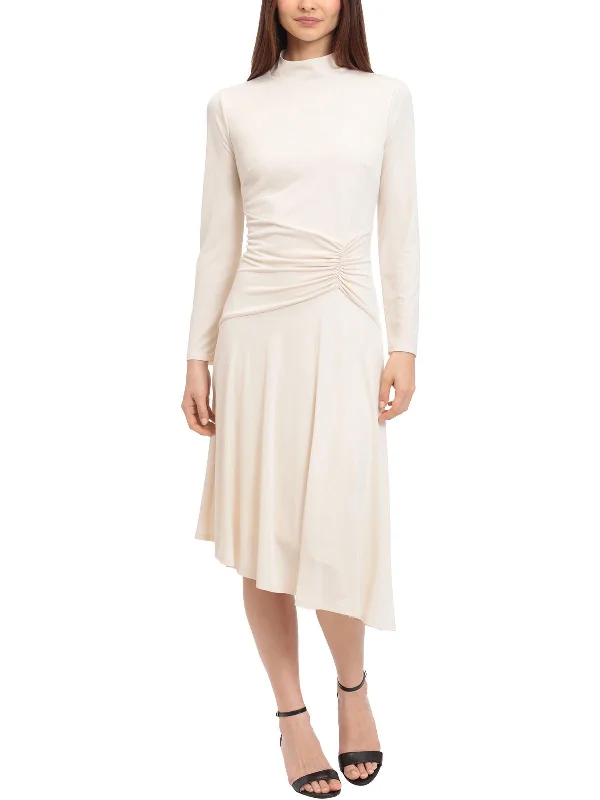 Womens Ruched Mock Neck Midi Dress