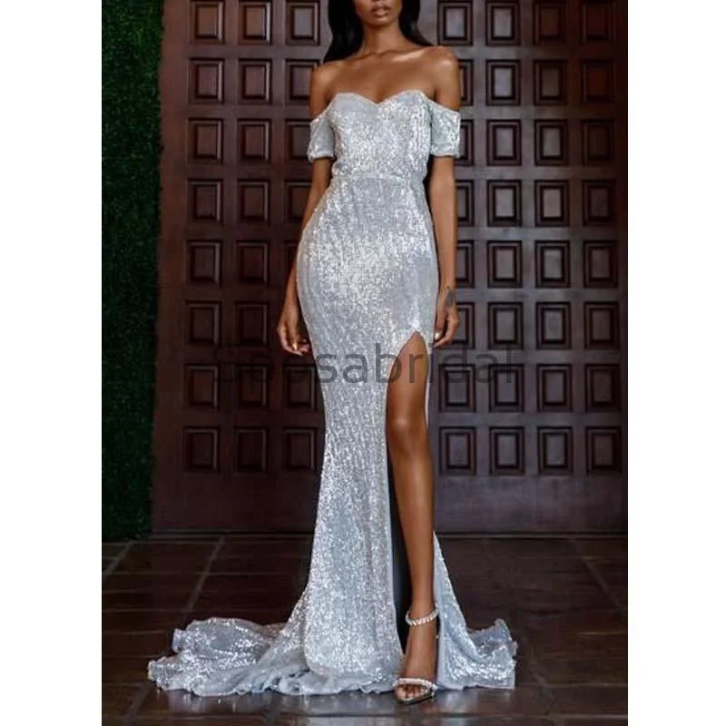 Spaghetti Straps Silver Mermaid Backless Modest Prom Dresses PD2245