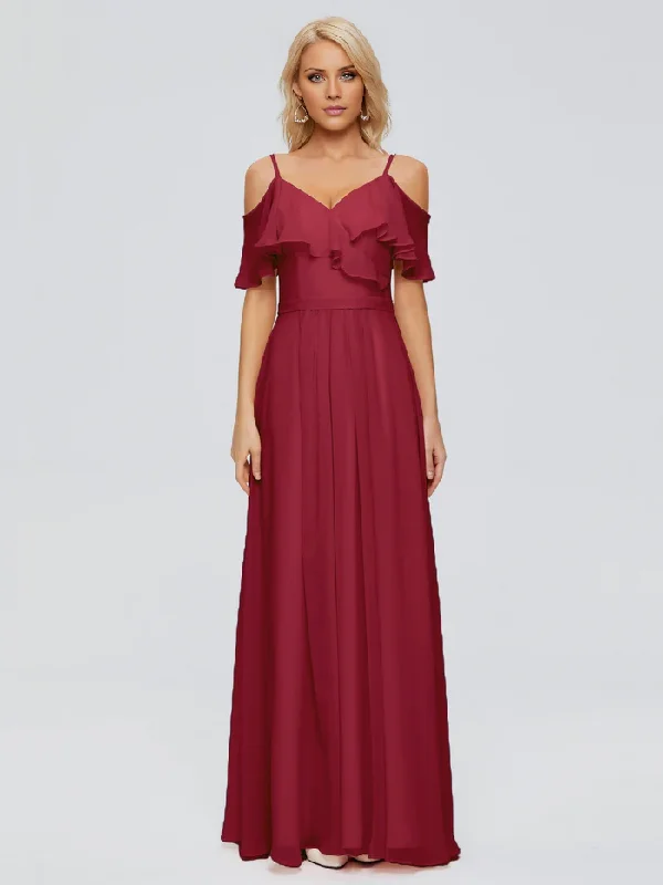 Off shoulder thin shoulder strap ruffled chiffon bridesmaid dress