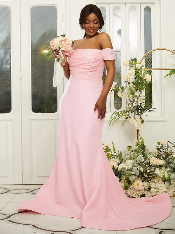 Sheath/Column Stretch Crepe Ruched Off-the-Shoulder Sleeveless Sweep/Brush Train Bridesmaid Dresses