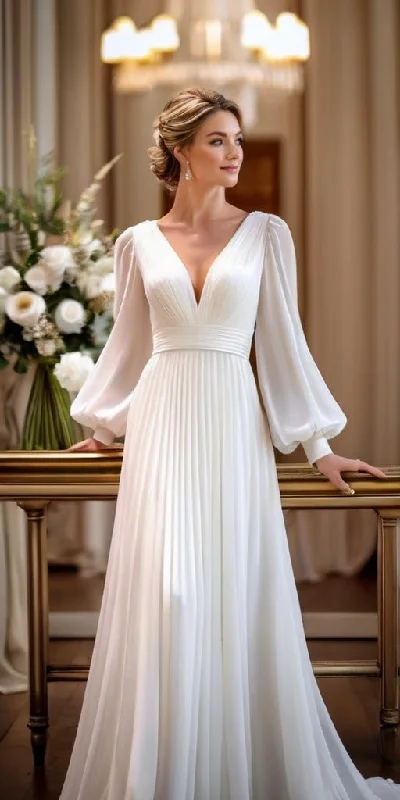 Simple Long Bishop Sleeve Pleated A Line V-neck Chiffon Wedding Dress with Train