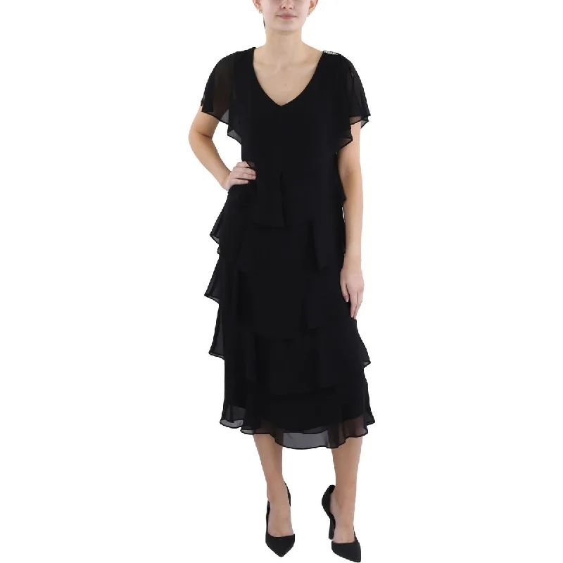 Womens Below Knee Ruffled Midi Dress