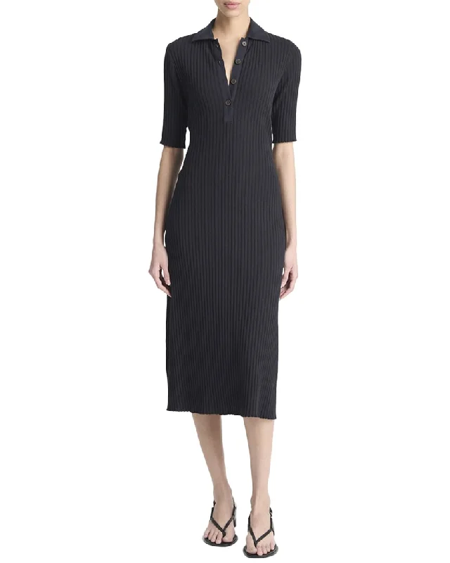 Vince Rib Elbow-Sleeve Polo Midi Dress