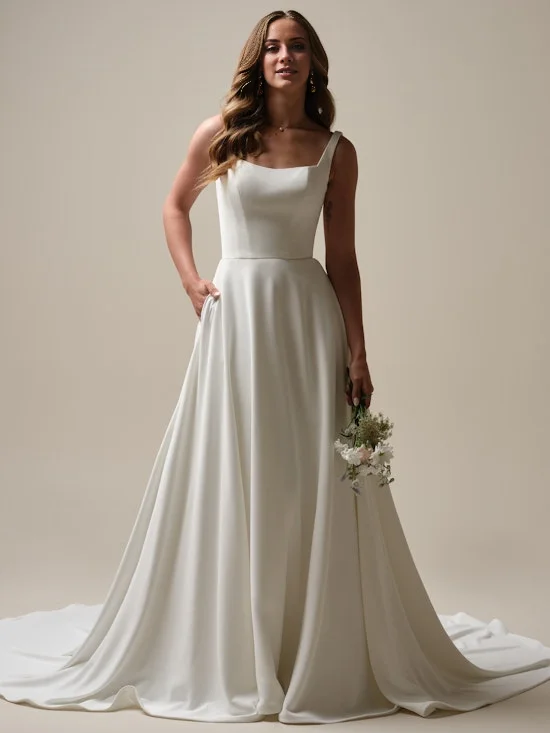 A-line thin shoulder strap crepe backless and floor length wedding dress