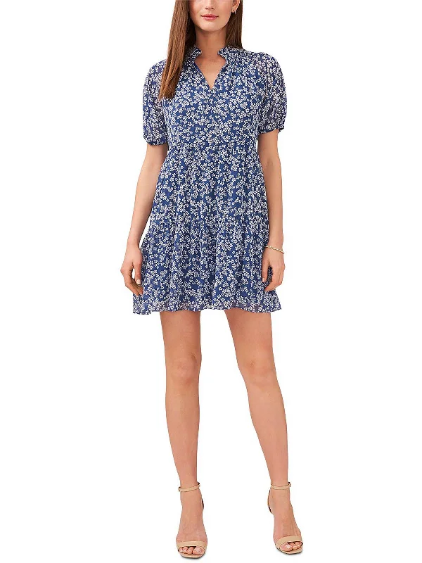 Petites Womens Floral Crepe Mini Babydoll Dress