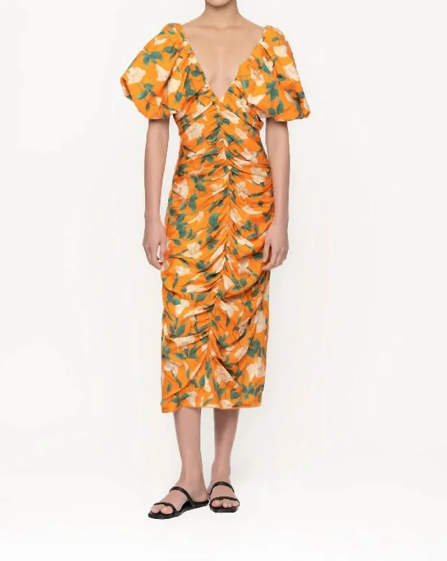 Camelia Sabanero Dorado Midi Dress In Orange Floral