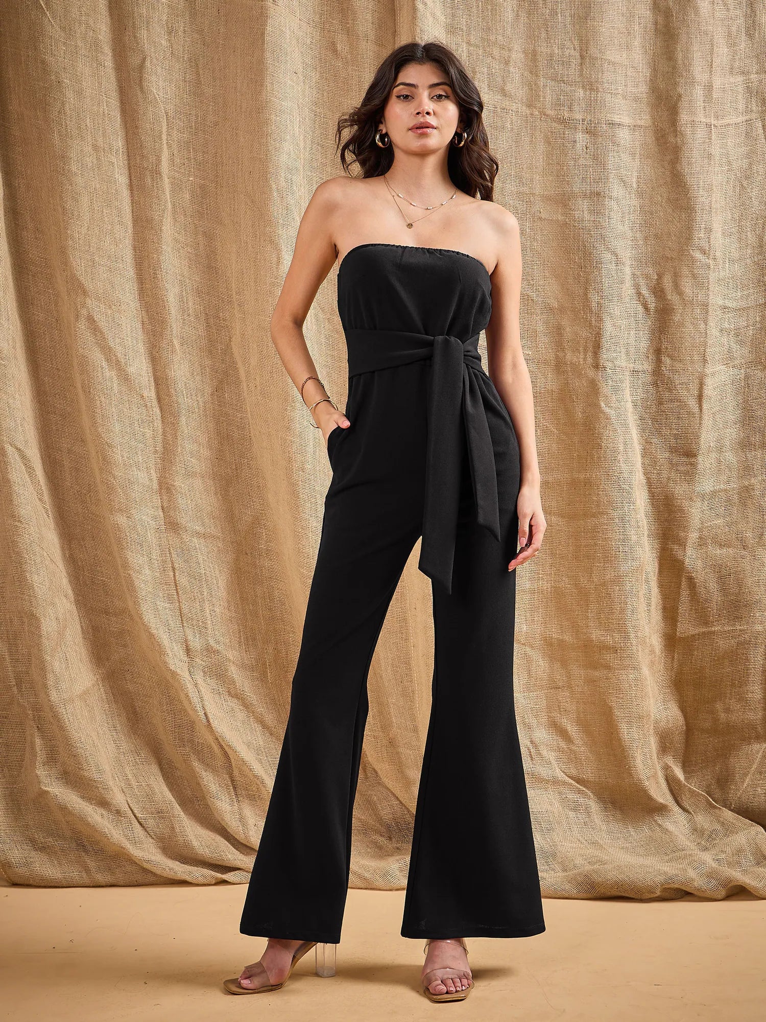 Women Black Off-Shoulder Belted Jumpsuit-SFJMPS8322