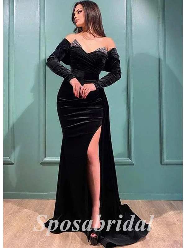 Sexy Velvet And Sequin Off Shoulder V-Neck Long Sleeve Side Slit Mermaid Long Prom Dresses, PD3586