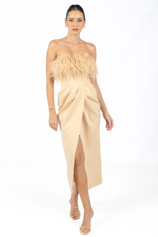 Diane Midi Feather Dress Beige