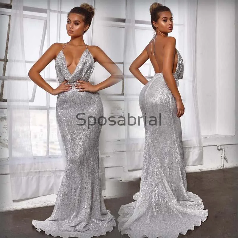 Sliver Sequin Sexy V-Neck Halter Backless Sleeveless Mermaid Prom Dress PD2091