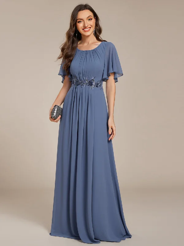 Short Sleeves Pleated Applique A-Line Floor-Length Formal Evening Dress