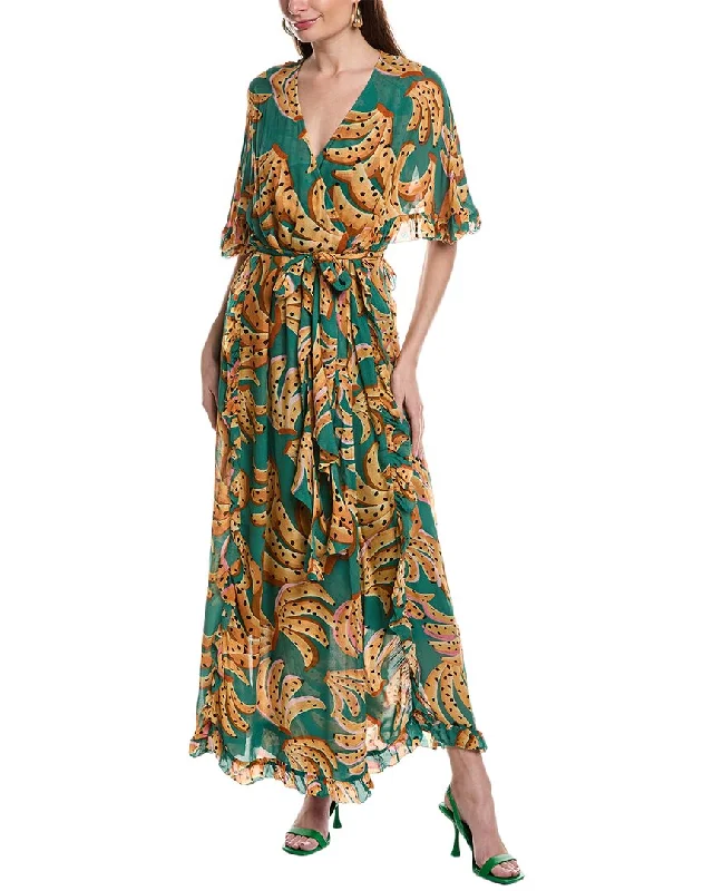 FARM Rio Green Raining Bananas Maxi Wrap Dress