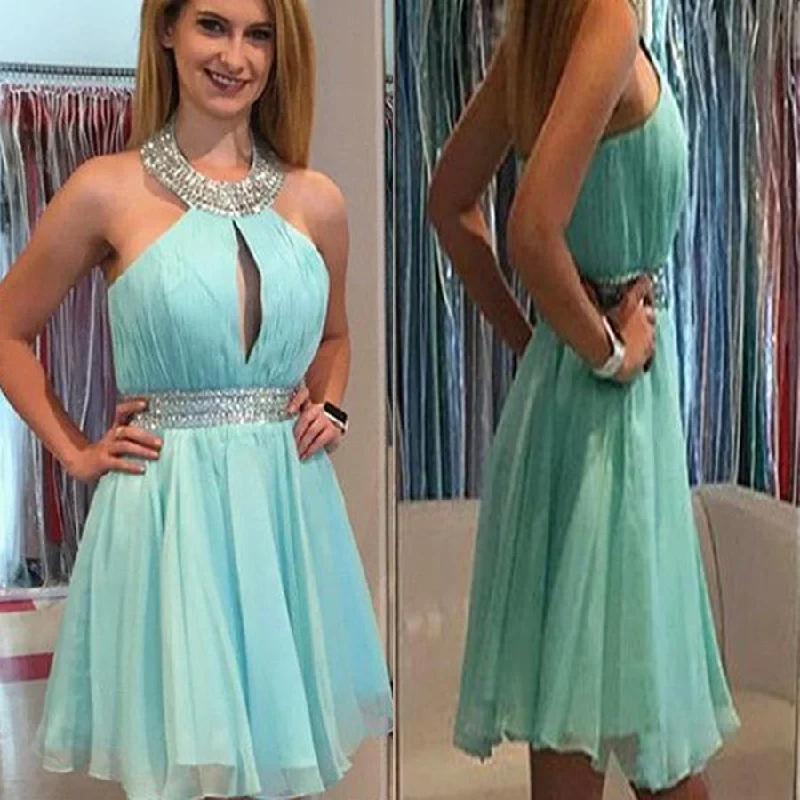 Halter Mint Green off shoulder Chiffon simple freshman formal homecoming dresses, BD00182