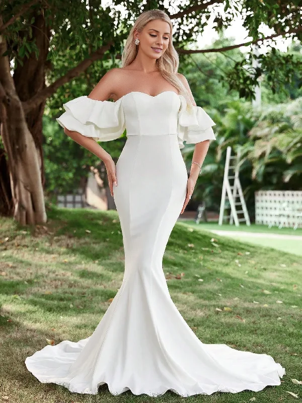 Off shoulder ruffle edge and floor length wedding dress