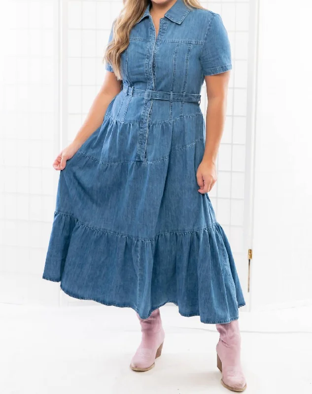 Bettie Tiered Button Down Denim Midi Dress In Blue