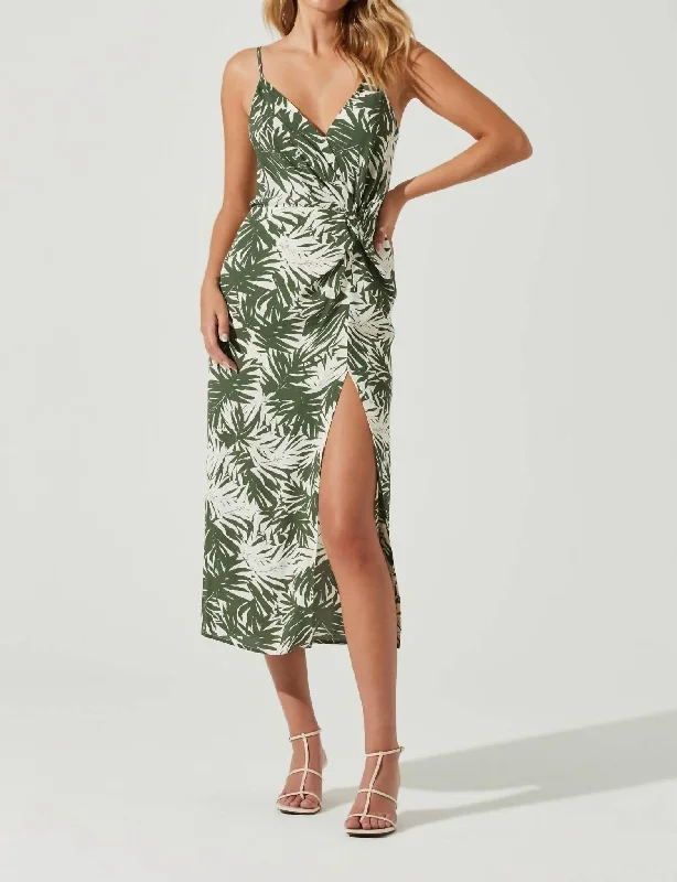 Destination Tropical Print Side Slit Midi Dress In Green-White Palm