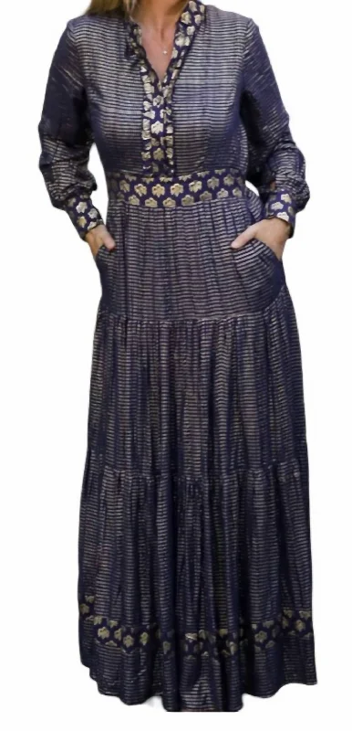 Annabelle Long Sleeve Maxi Dress In Navy Blue/gold