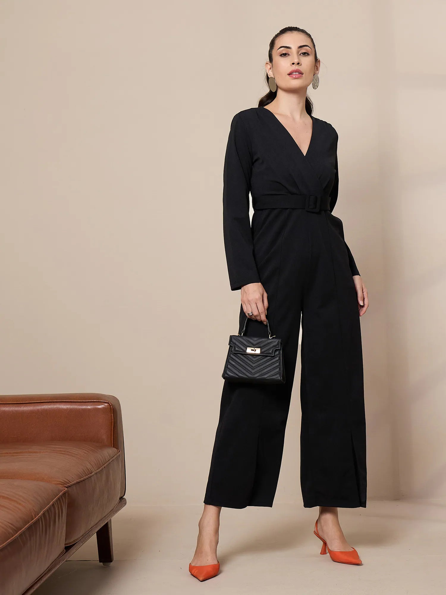 Women Black V-Neck Belted Jumpsuit-SFJMPS8326