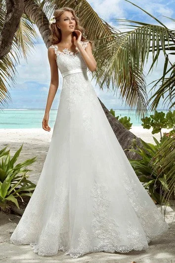 A-Line Floor-Length V-Neck Sleeveless Lace-Up Organza Dress With Appliques