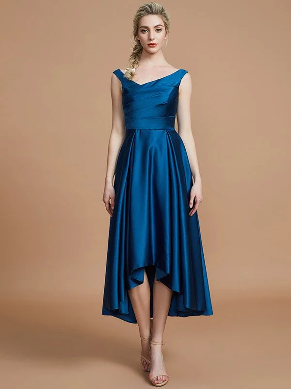 A-Line/Princess V-neck Satin Asymmetrical Sleeveless Bridesmaid Dresses