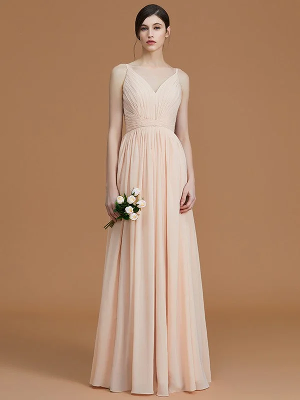 A-Line/Princess V-neck Sleeveless Floor-Length Ruffles Chiffon Bridesmaid Dresses