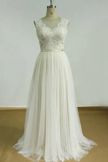 Backless Lace Bodice Tulle Skirt Wedding Dress