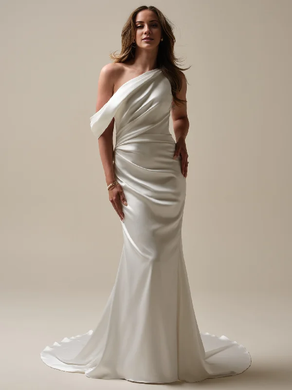 Asymmetric pleated cape tight and floor length wedding dress