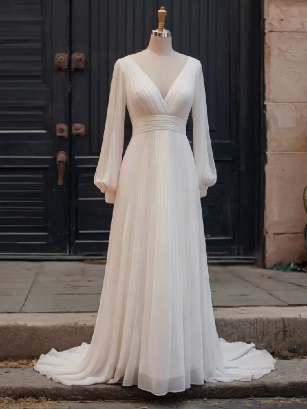 Simple Long Sleeve A Line V-neck Chiffon Wedding Dress with Train