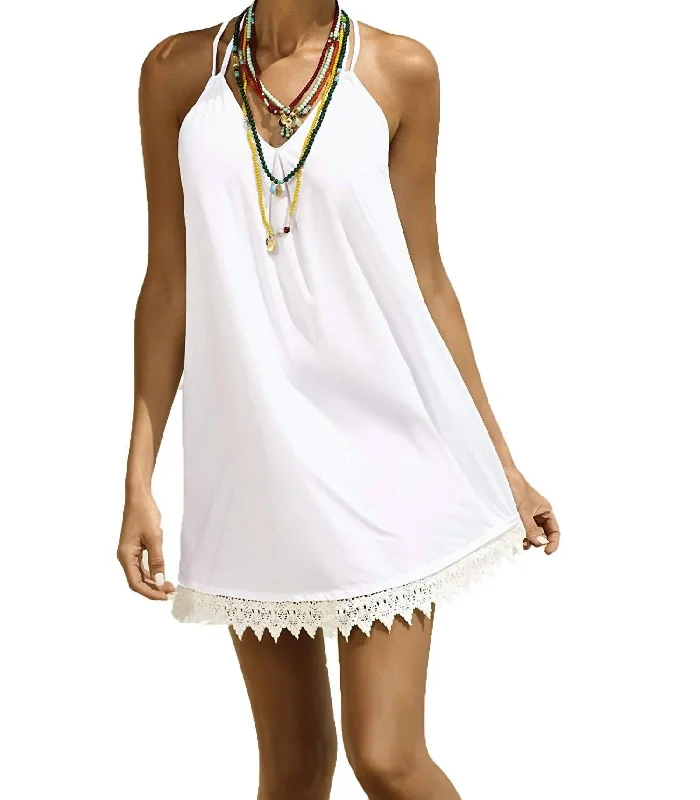 Women Aria Double Strap Crochet Trim Cover Up Mini Dress In Water Lily White