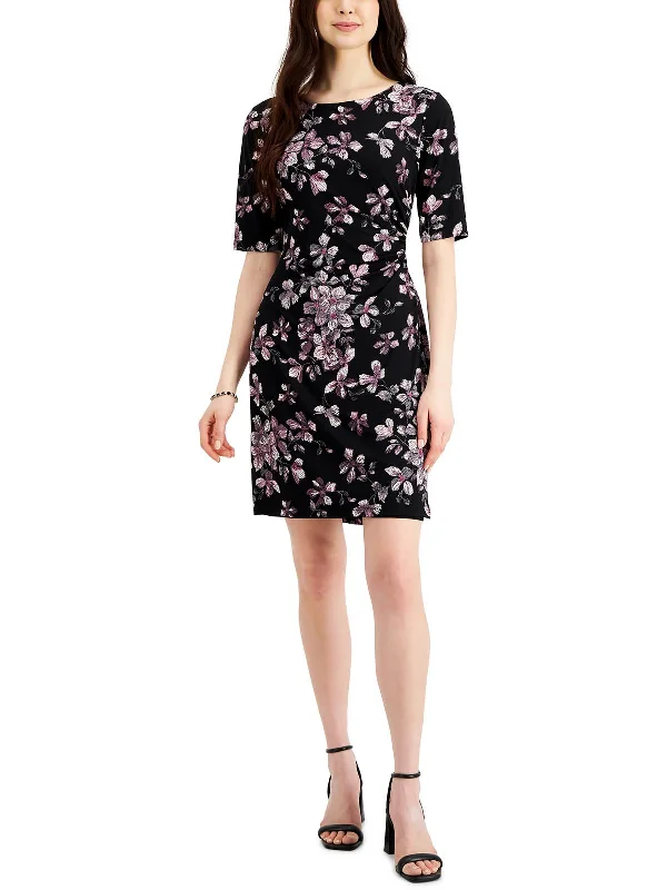 Petites Womens Floral Printed Side Ruched Mini Dress