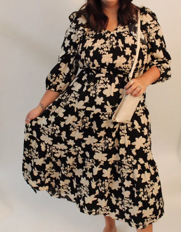 3/4 Length Sleeve Midi Dress In Black & Cream