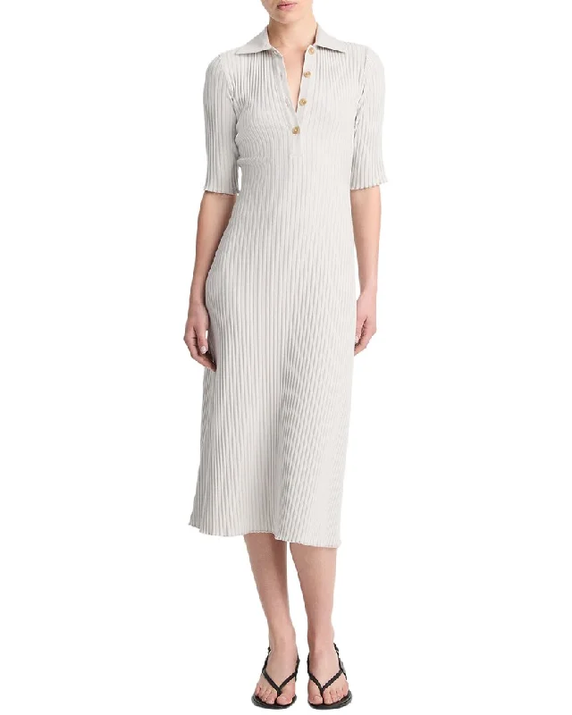 Vince Rib Elbow-Sleeve Polo Midi Dress