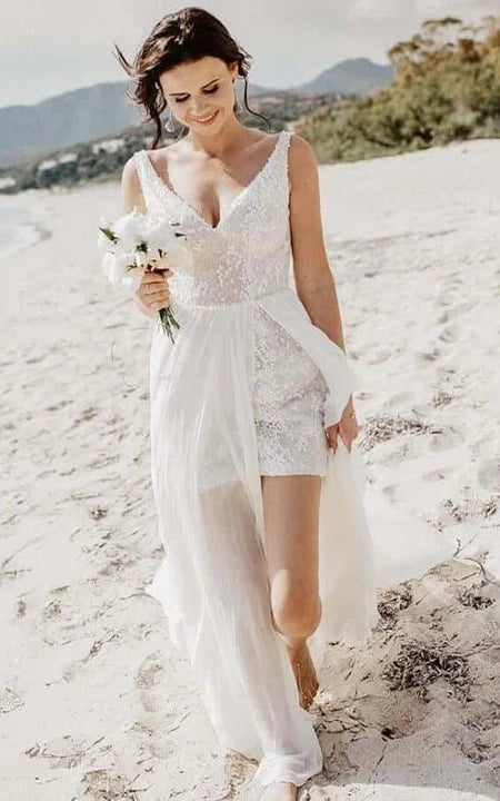 Beach Short V-neck Sleeveless Bodycon Wedding Dress with Chiffon Skirt