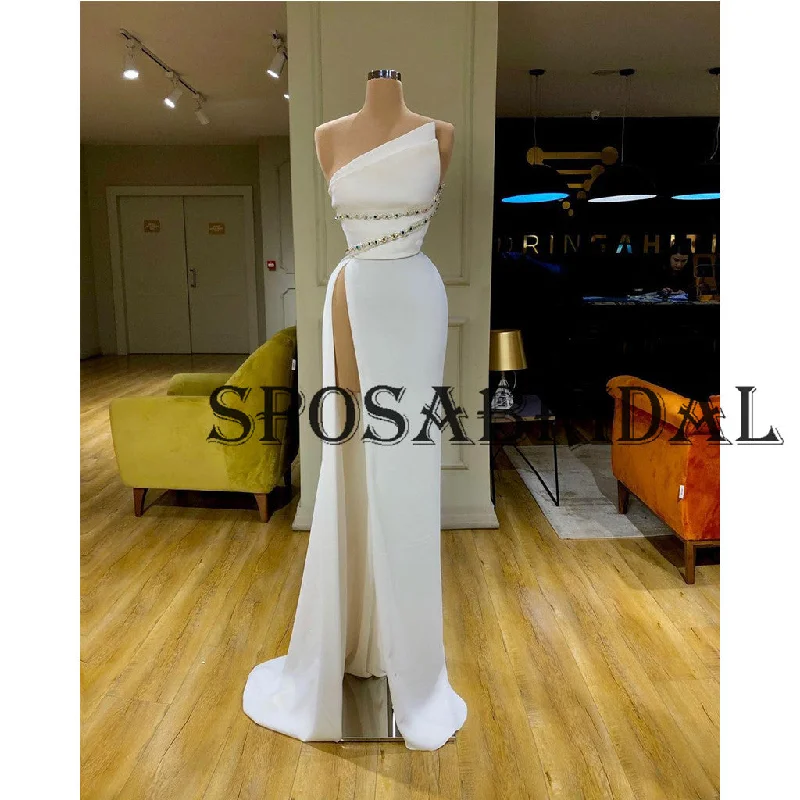 One Shoulder Off White Satin Fashion Mermaid Prom Dresses PD2385