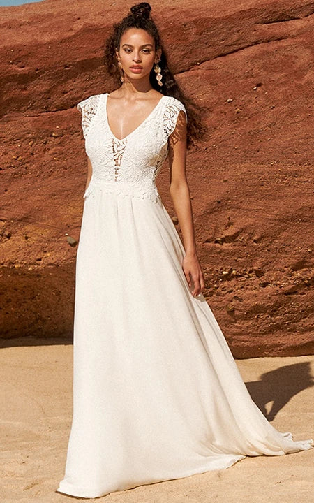 Casual V-neck Cap Sleeve Chiffon Wedding Dress with Low-v Back and Lace Top