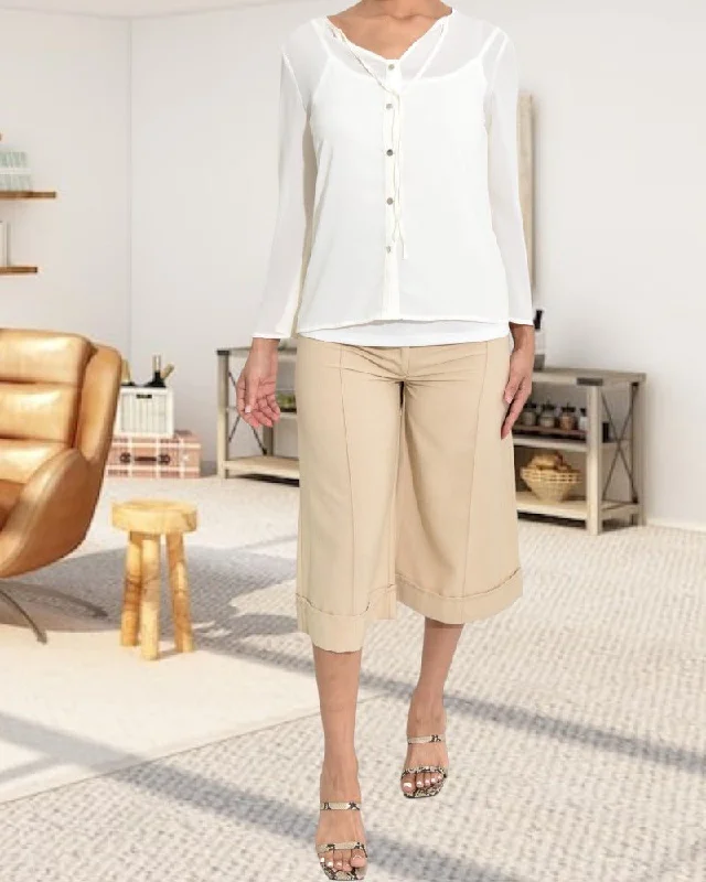 Beige Fold Up Capri Pants