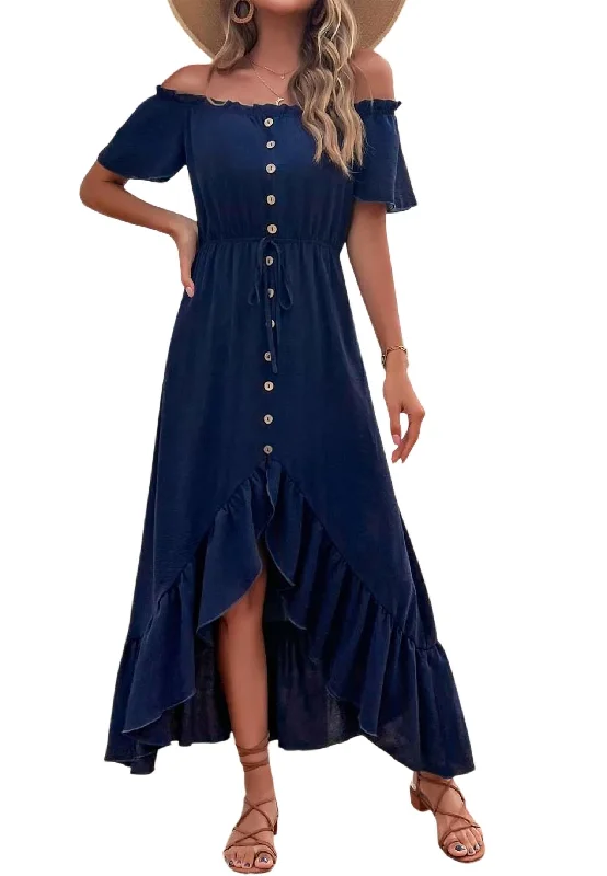 Off Shoulder Midi Dress In Navy