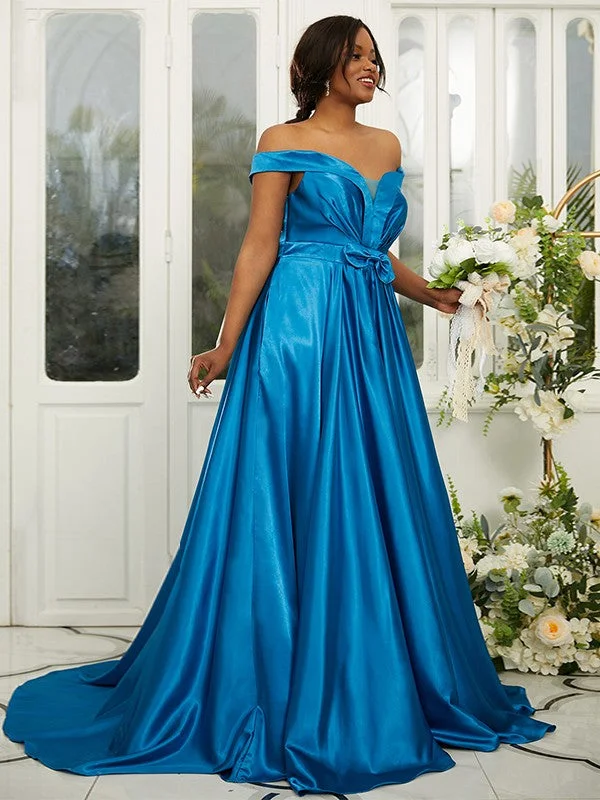 A-Line/Princess Silk like Satin Ruffles Off-the-Shoulder Sleeveless Sweep/Brush Train Bridesmaid Dresses