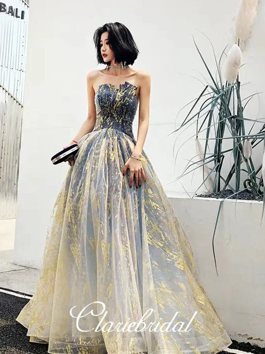 Strapless Long A-line Customized Sparkle Material Long Prom Dresses, Evening Dresses, 2020 Prom Dresses