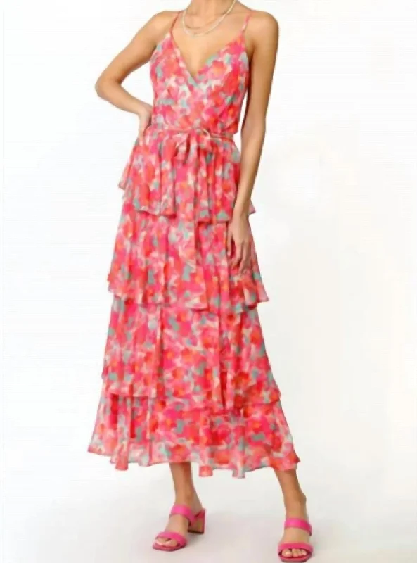 Floral V Neckline Spaghetti Strap Tiered Midi Dress In Rose Coral