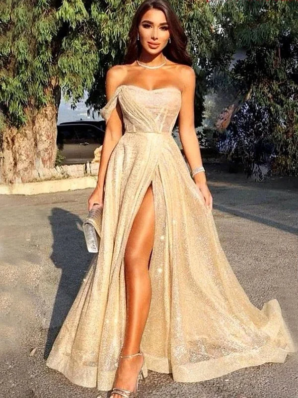 Champagne Gold A-Line Cheap Sequin Elegant Formal Long Prom Dresses, PD2183