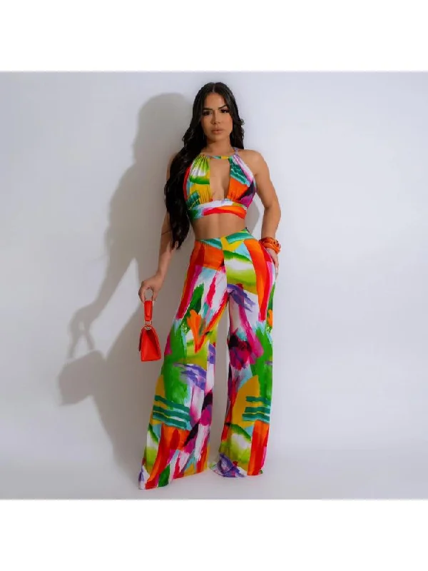 Halter Print Backless Wide Leg Jumpsuits