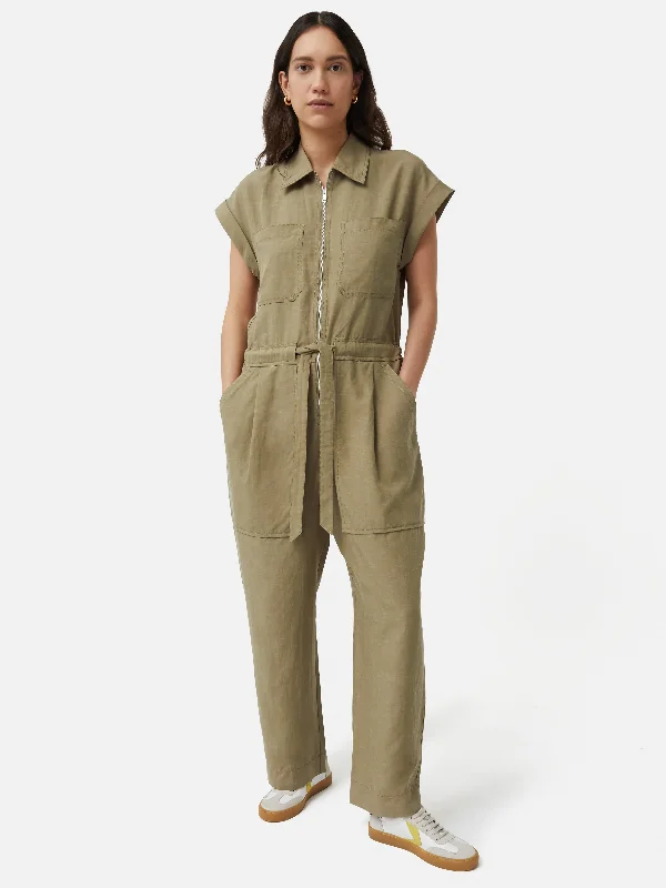 Linen Zip Front Jumpsuit | Khaki