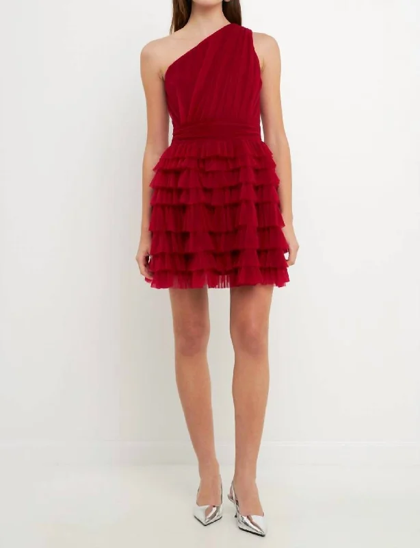 Tiered Tulle Mini Dress In Cherry